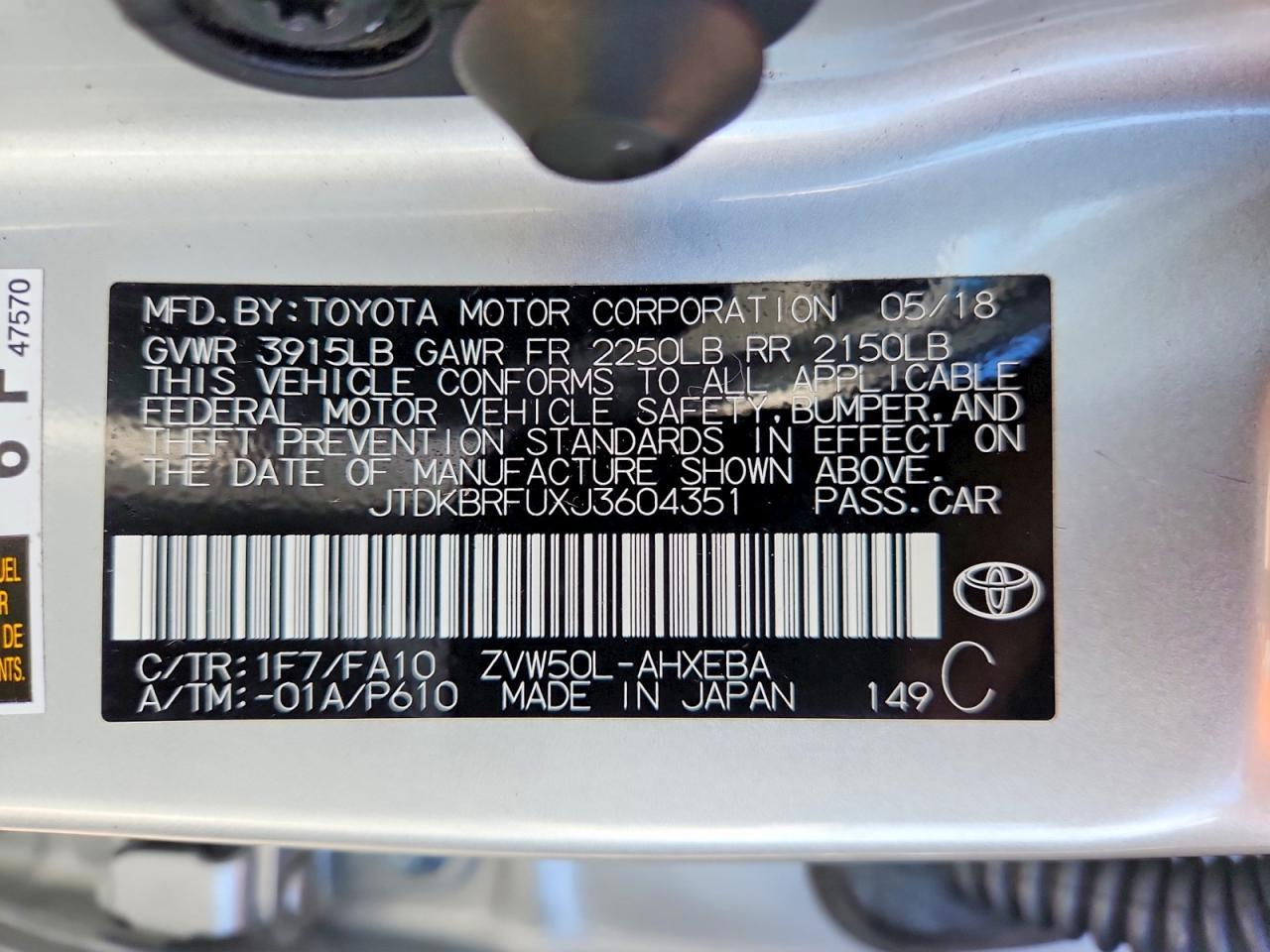 2018 TOYOTA PRIUS ONE — Фото 12 из 12