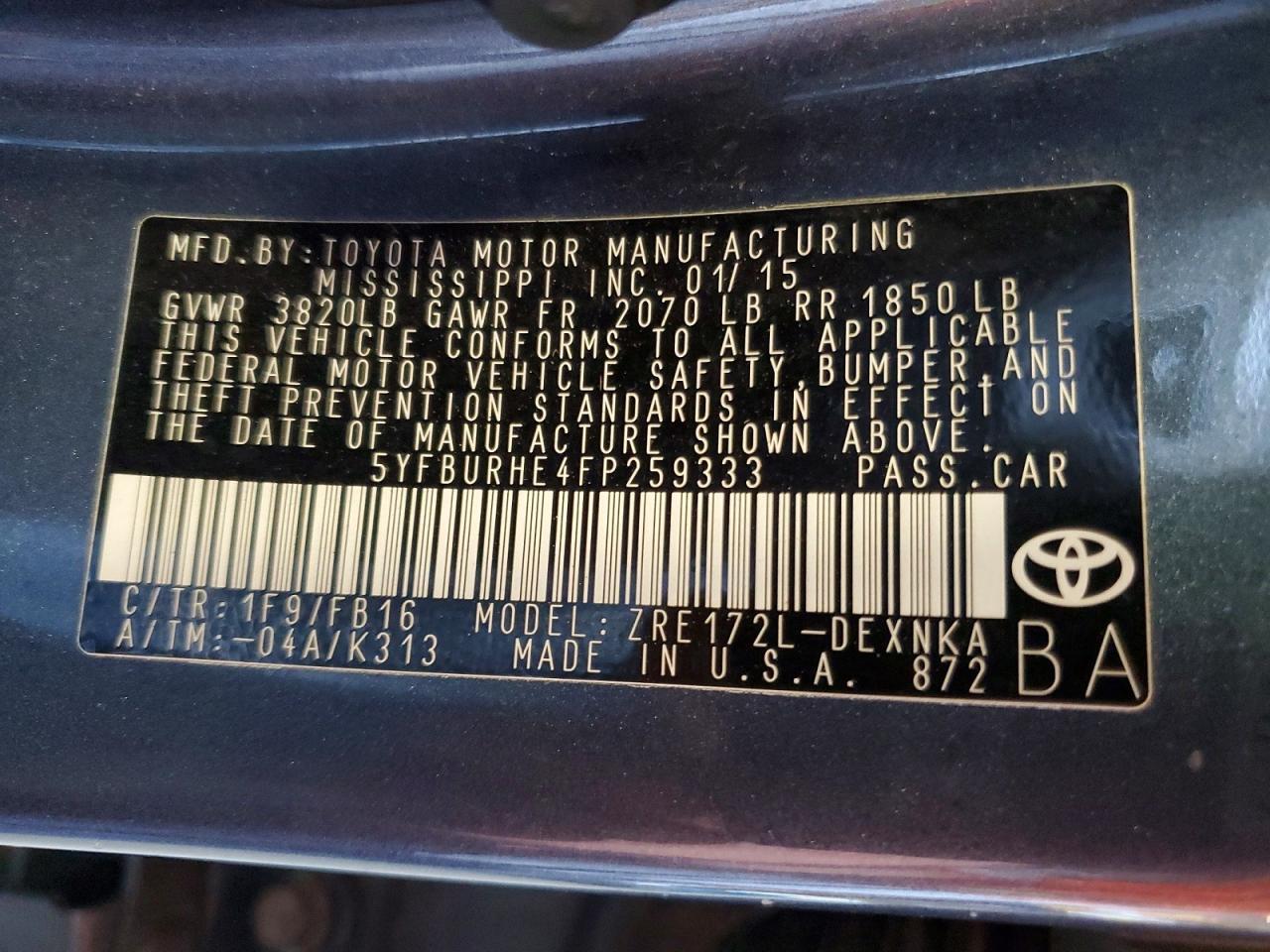 2015 TOYOTA COROLLA LE — Фото 12 из 12