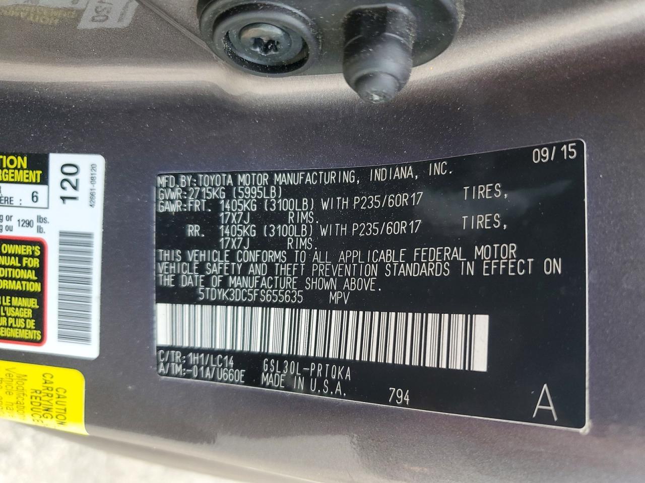2015 TOYOTA SIENNA XLE 8-PASSENGER — Фото 13 из 13