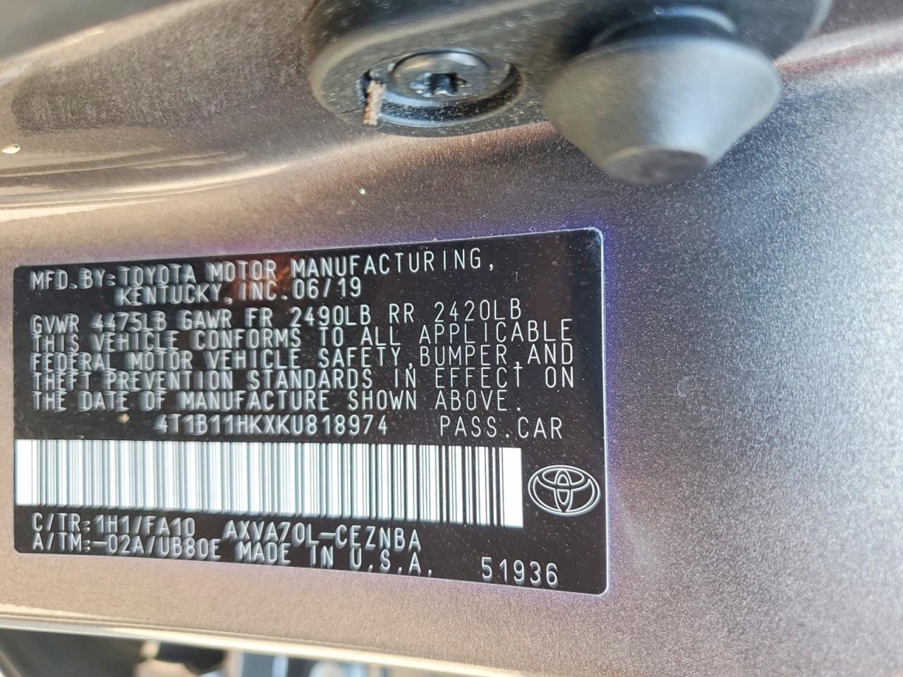 2019 TOYOTA CAMRY LE — Фото 13 из 13