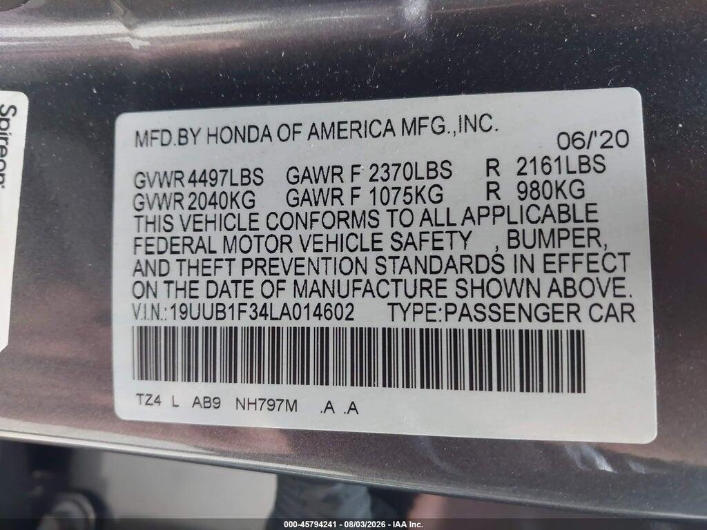 19UUB1F34LA014602 2020 ACURA TLX photo no. 9