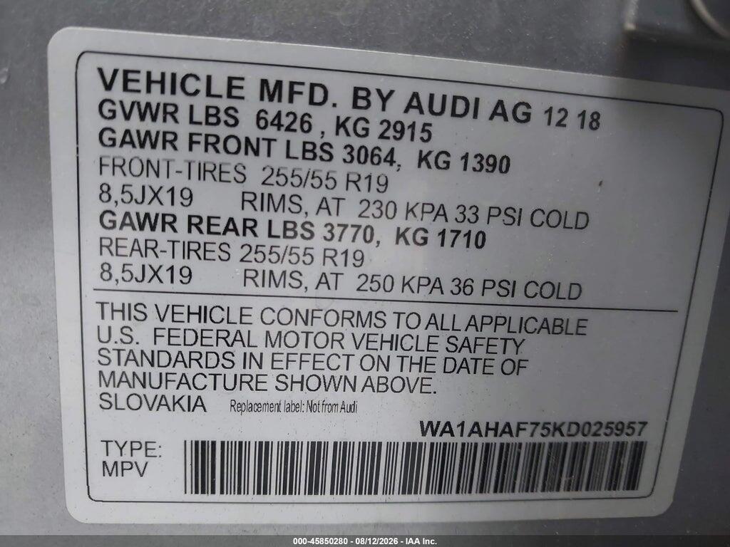 WA1AHAF75KD025957 2019 AUDI Q7 photo no. 9