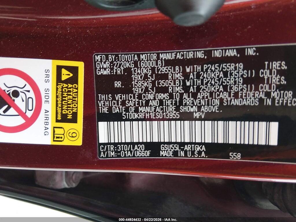5TDDKRFH1ES013955 2014 TOYOTA HIGHLANDER photo no. 9