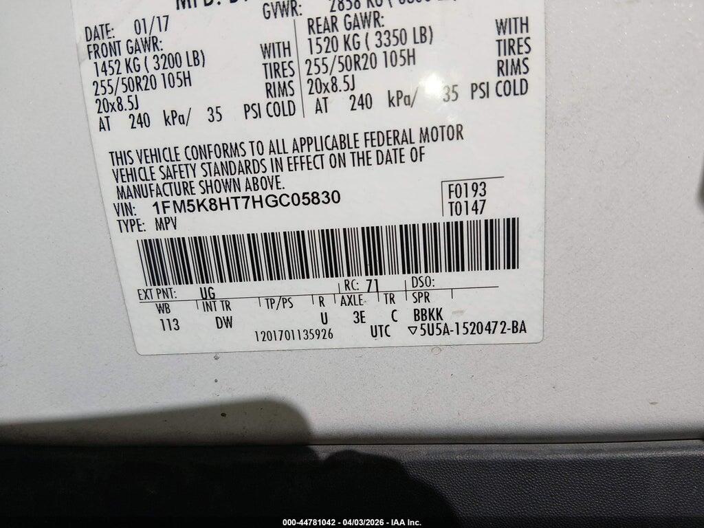 1FM5K8HT7HGC05830 2017 FORD EXPLORER photo no. 9