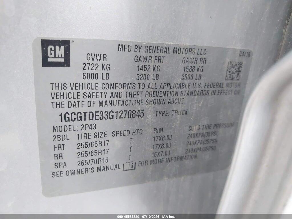 1GCGTDE33G1270845 2016 CHEVROLET COLORADO photo no. 9