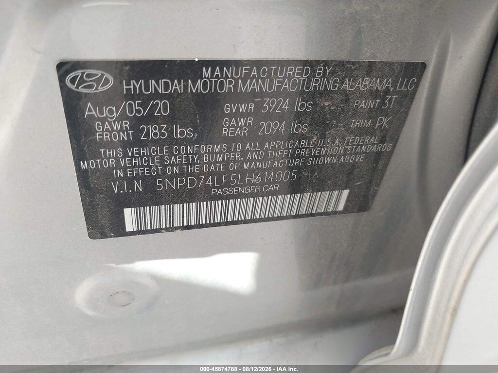 5NPD74LF5LH614005 2020 HYUNDAI ELANTRA photo no. 9