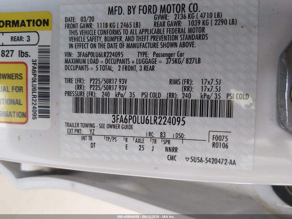 3FA6P0LU6LR224095 2020 FORD FUSION photo no. 9