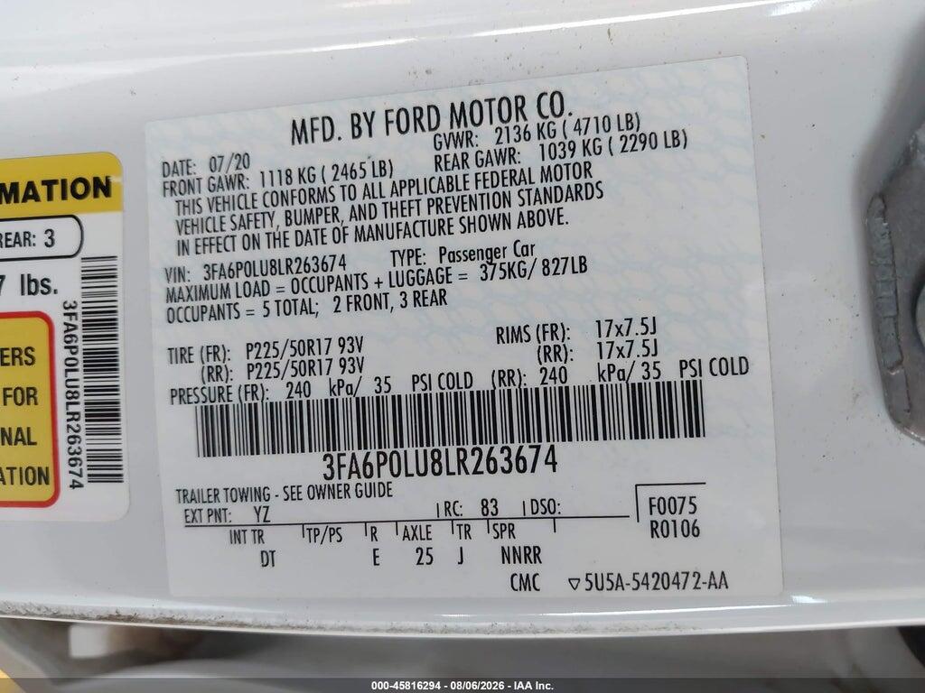 3FA6P0LU8LR263674 2020 FORD FUSION photo no. 9