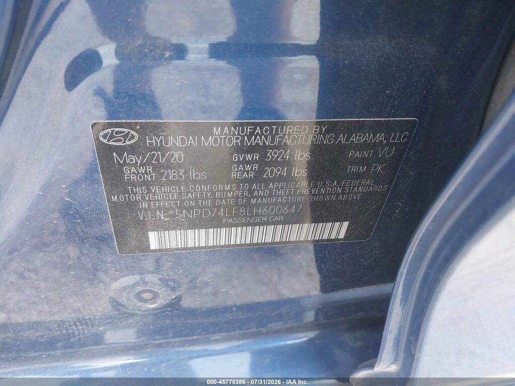 5NPD74LF8LH600647 2020 HYUNDAI ELANTRA photo no. 9