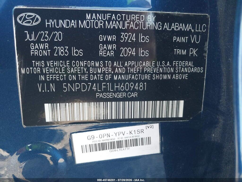 5NPD74LF1LH609481 2020 HYUNDAI ELANTRA photo no. 9