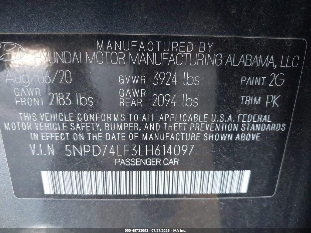 5NPD74LF3LH614097 2020 HYUNDAI ELANTRA photo no. 9