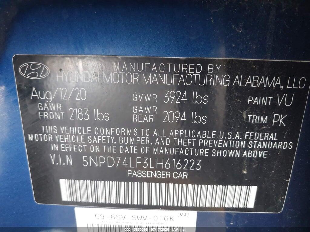 5NPD74LF3LH616223 2020 HYUNDAI ELANTRA photo no. 9