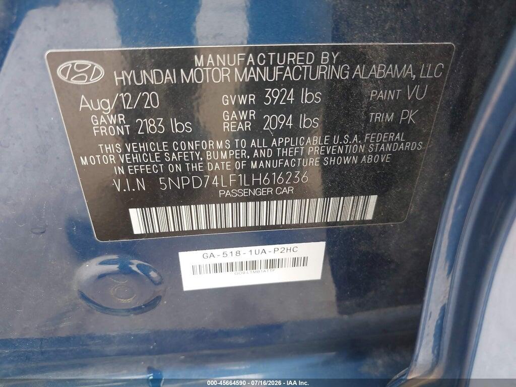 5NPD74LF1LH616236 2020 HYUNDAI ELANTRA photo no. 9