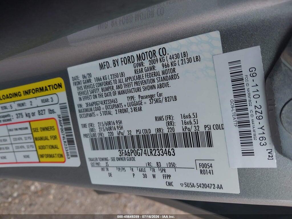3FA6P0G74LR233463 2020 FORD FUSION photo no. 9