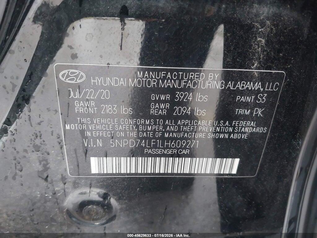 5NPD74LF1LH609271 2020 HYUNDAI ELANTRA photo no. 9