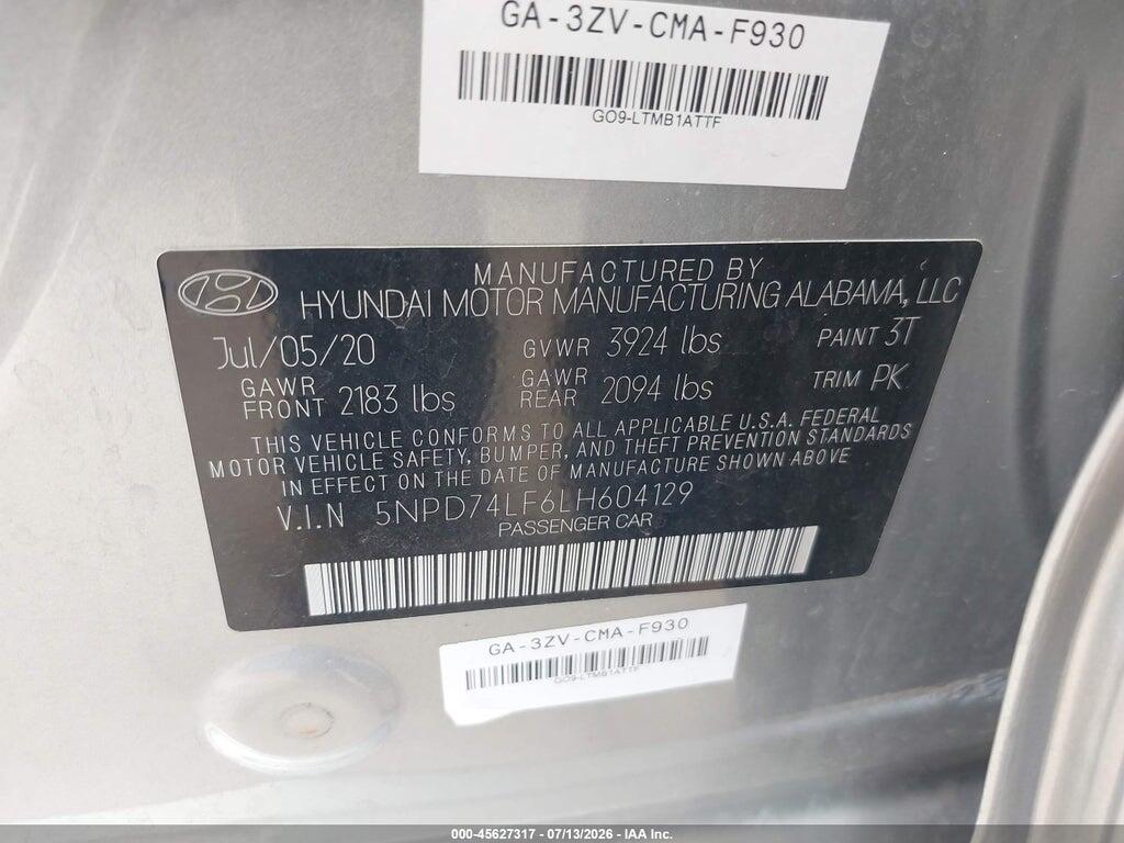 5NPD74LF6LH604129 2020 HYUNDAI ELANTRA photo no. 9