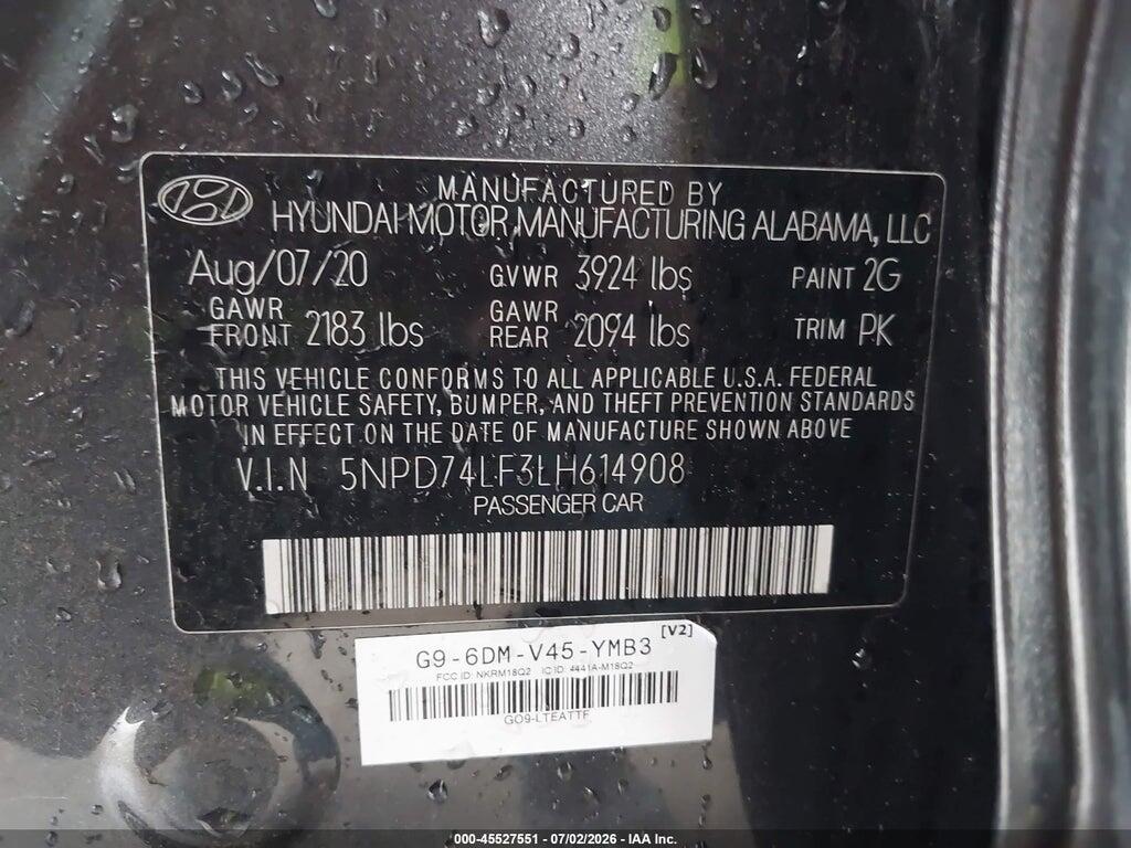 5NPD74LF3LH614908 2020 HYUNDAI ELANTRA photo no. 9