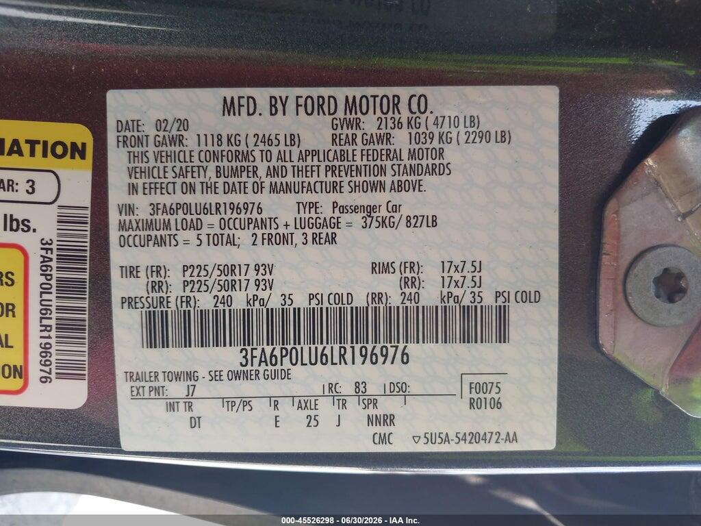 3FA6P0LU6LR196976 2020 FORD FUSION photo no. 9