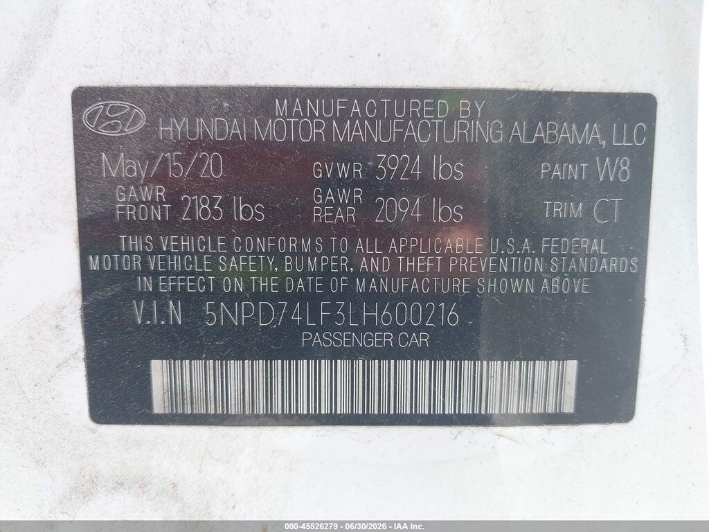 5NPD74LF3LH600216 2020 HYUNDAI ELANTRA photo no. 9