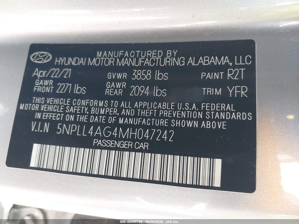 5NPLL4AG4MH047242 2021 HYUNDAI ELANTRA photo no. 9