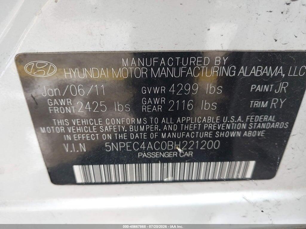 5NPEC4AC0BH221200 2011 HYUNDAI SONATA photo no. 9