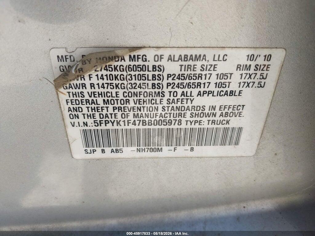 5FPYK1F47BB005978 2011 HONDA RIDGELINE photo no. 9