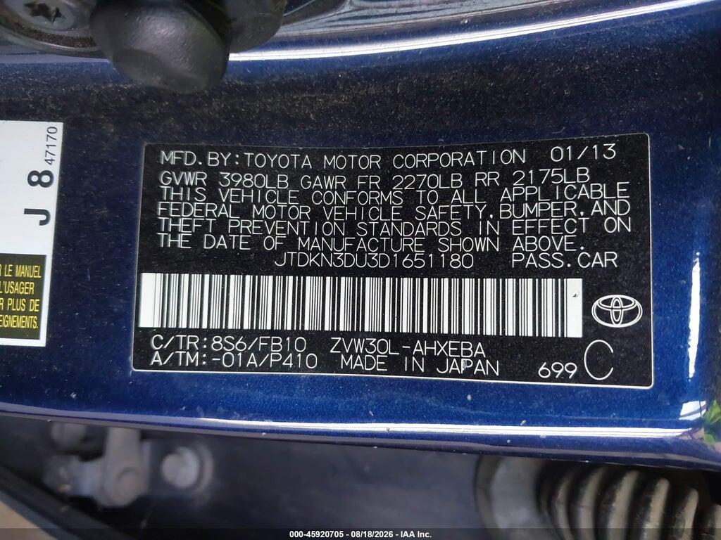 JTDKN3DU3D1651180 2013 TOYOTA PRIUS photo no. 9