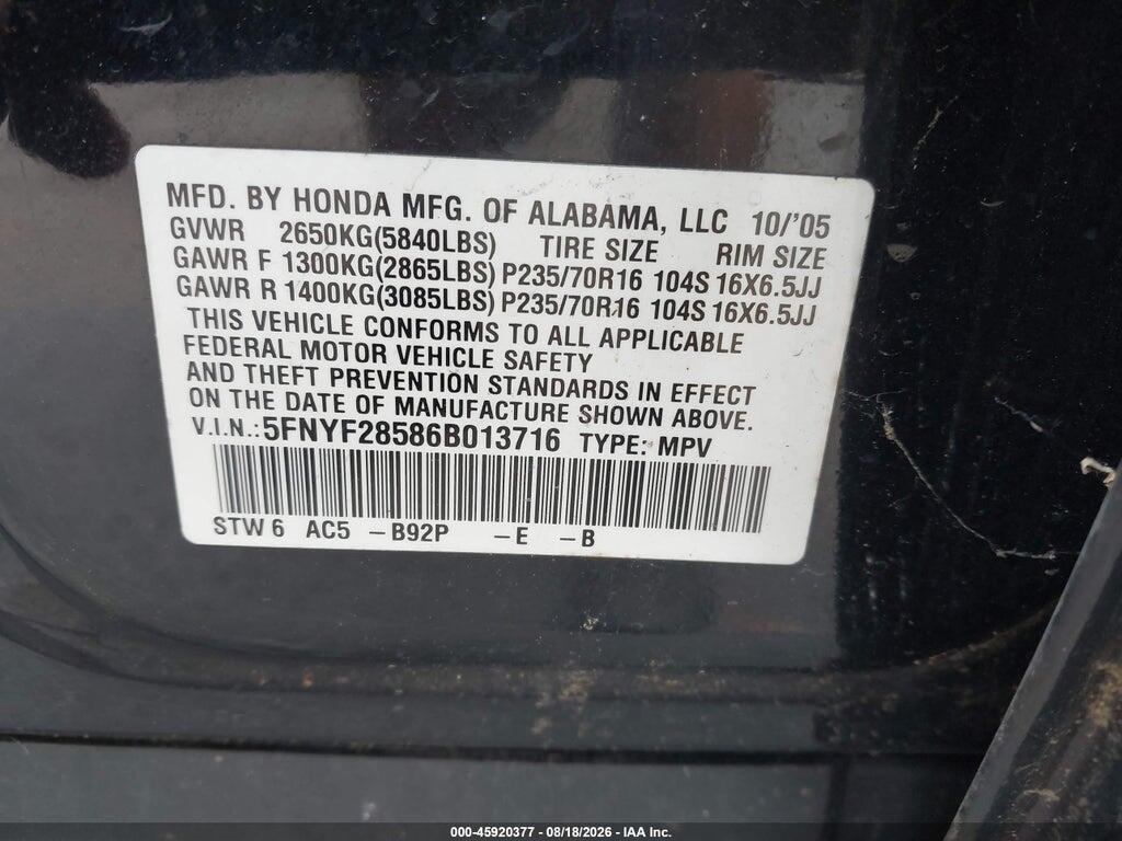 5FNYF28586B013716 2006 HONDA PILOT photo no. 9
