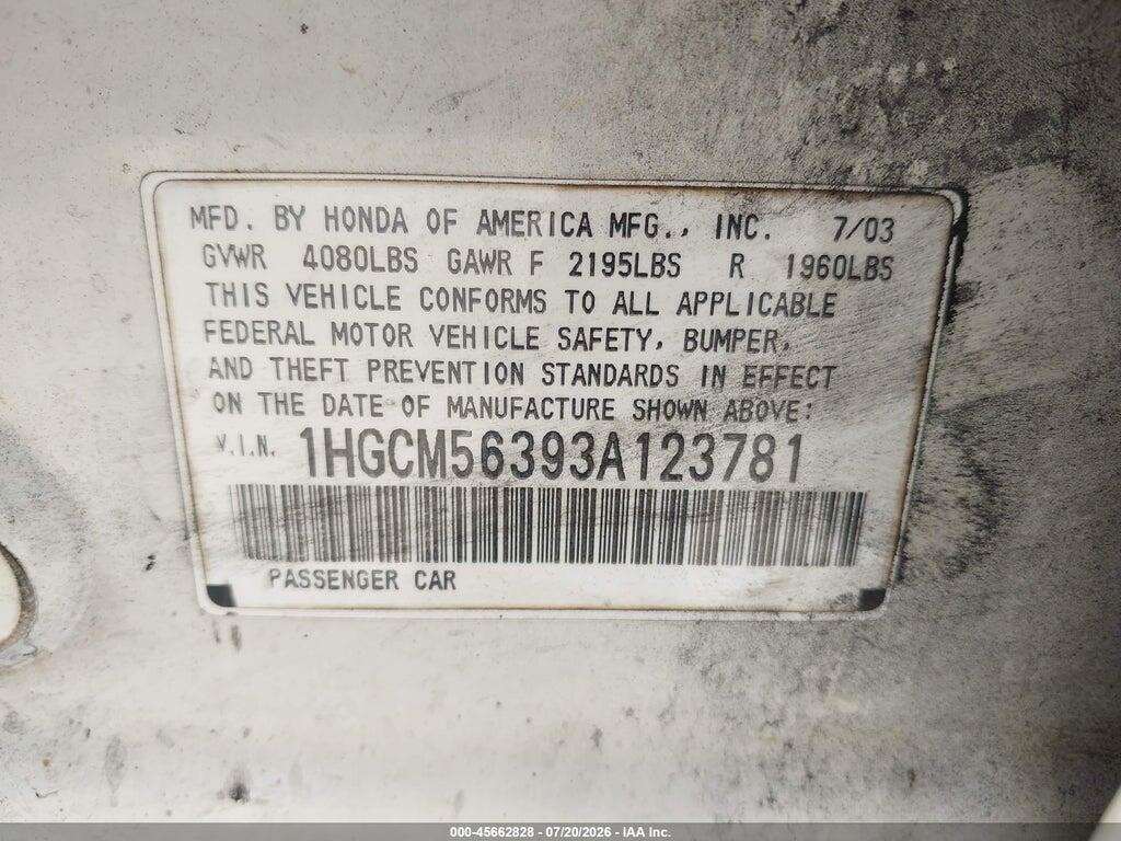 1HGCM56393A123781 2003 HONDA ACCORD photo no. 9