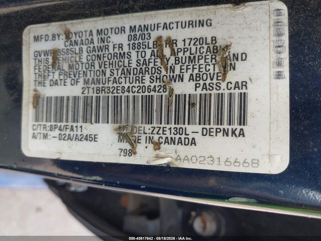 2T1BR32E84C206428 2004 TOYOTA COROLLA photo no. 9