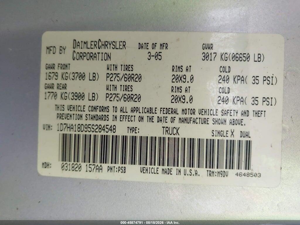 1D7HA18D95S284548 2005 DODGE RAM 1500 photo no. 9