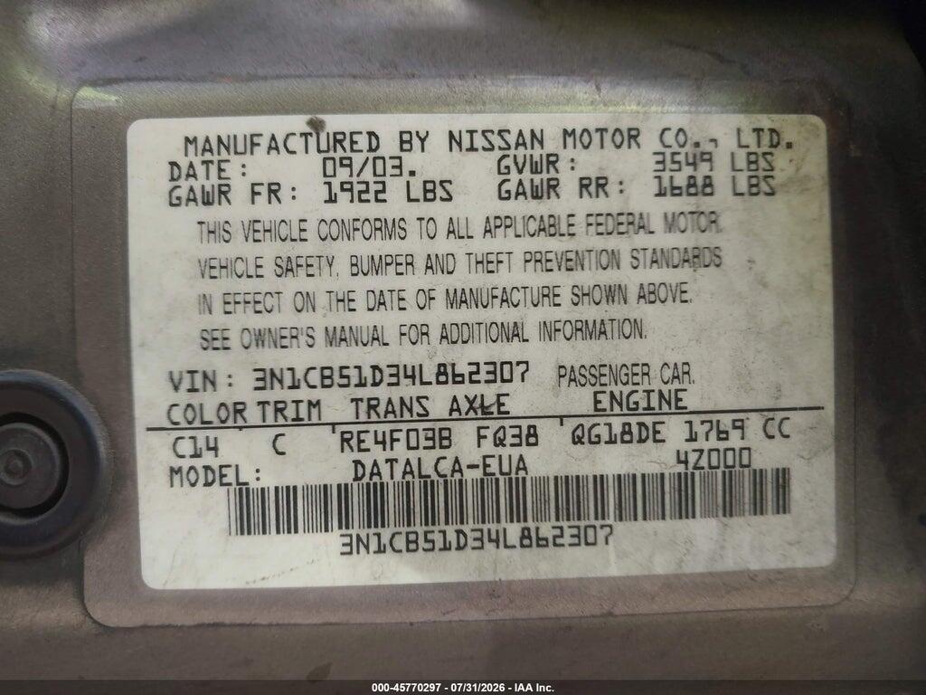 3N1CB51D34L862307 2004 NISSAN SENTRA photo no. 9