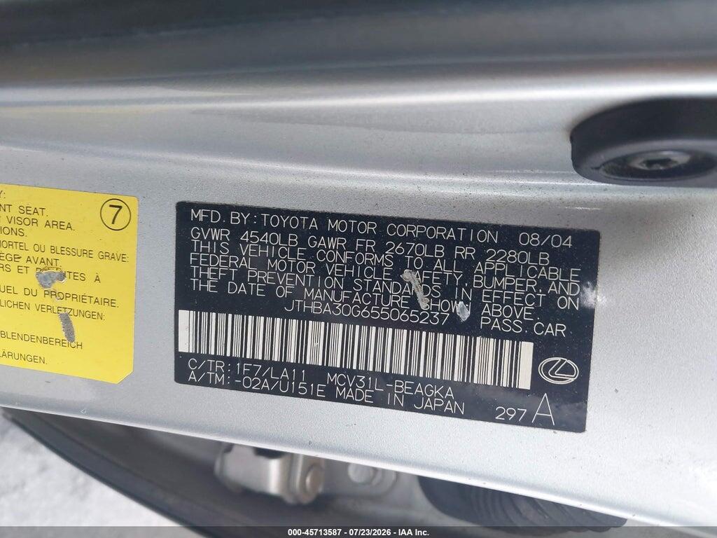 JTHBA30G655065237 2005 LEXUS ES 330 photo no. 9