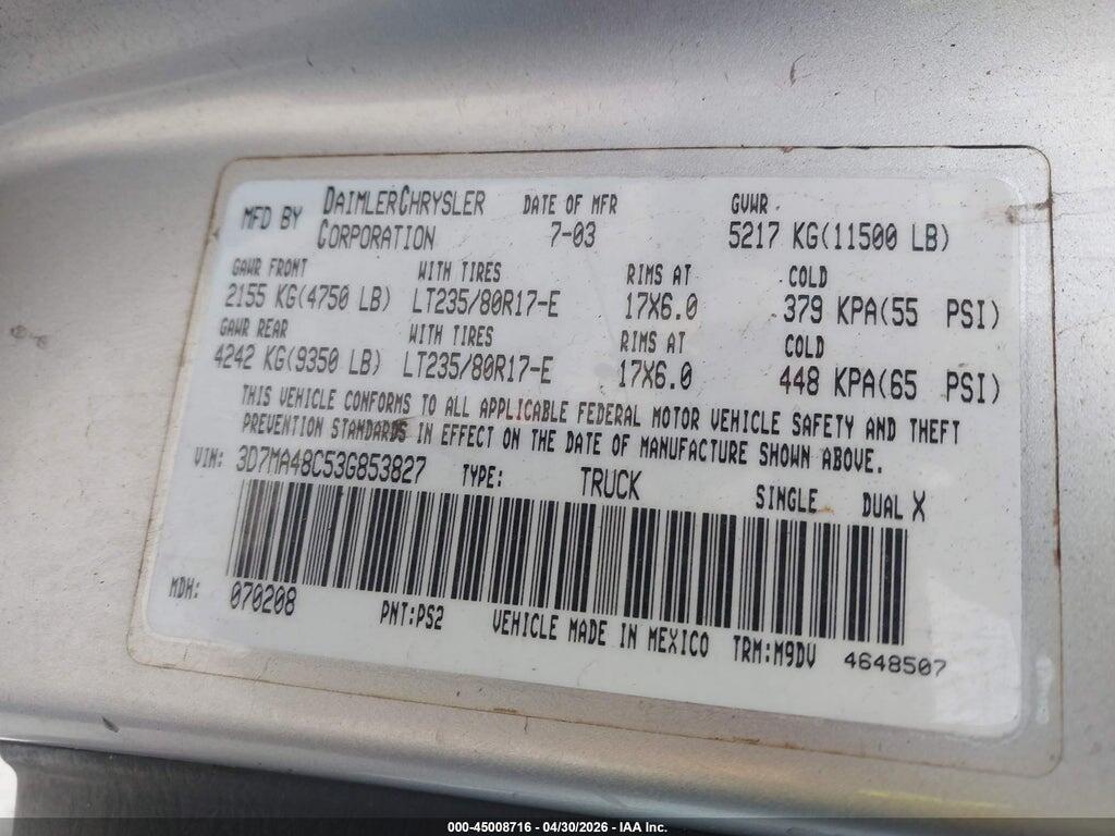 3D7MA48C53G853827 2003 DODGE RAM 3500 photo no. 8