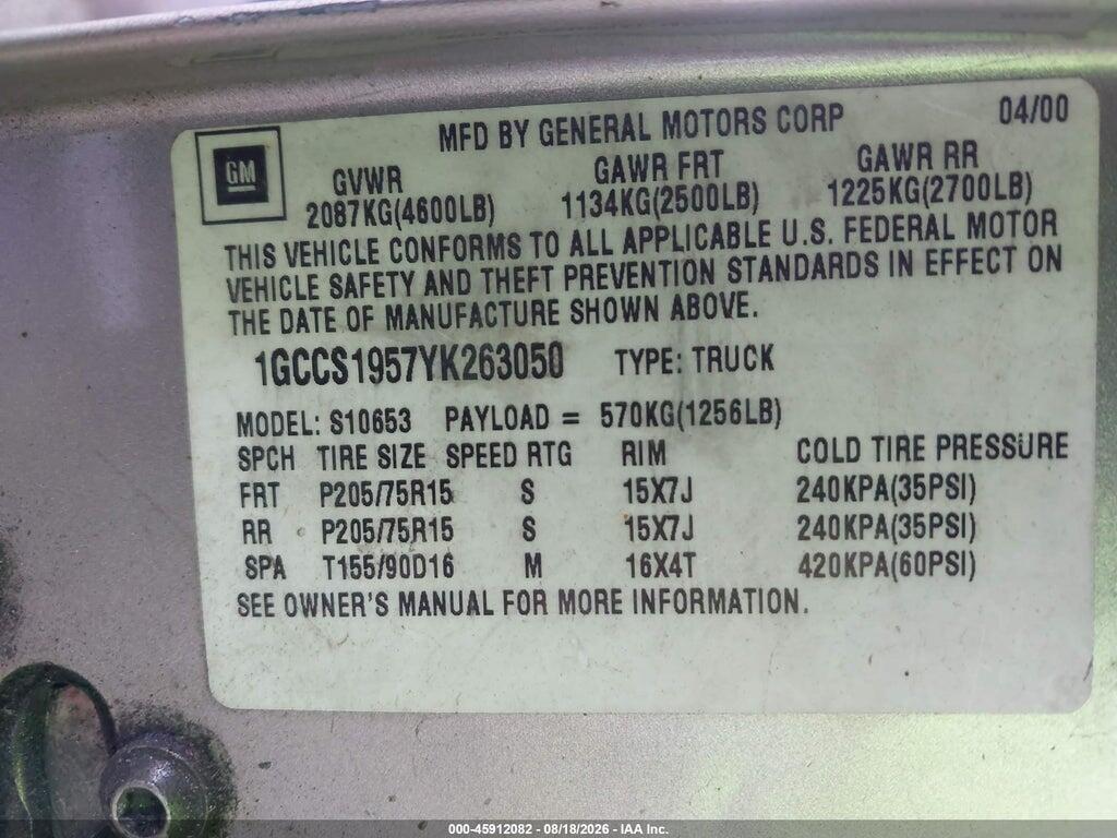 1GCCS1957YK263050 2000 CHEVROLET S-10 photo no. 9