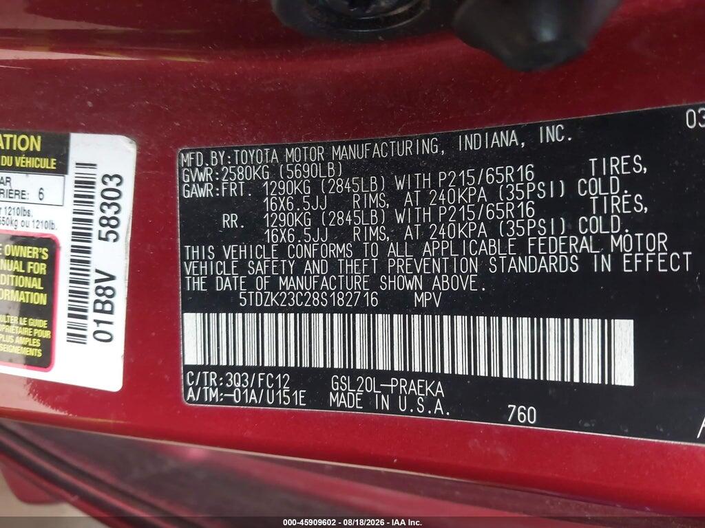 5TDZK23C28S182716 2008 TOYOTA SIENNA photo no. 9