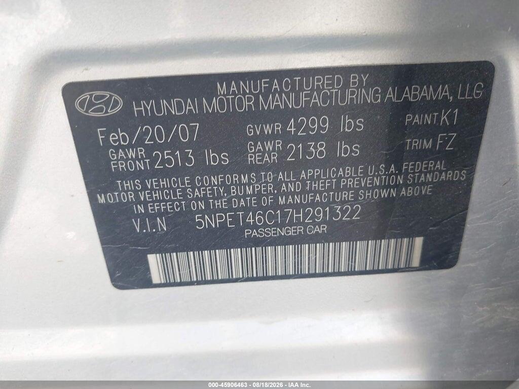 5NPET46C17H291322 2007 HYUNDAI SONATA photo no. 9