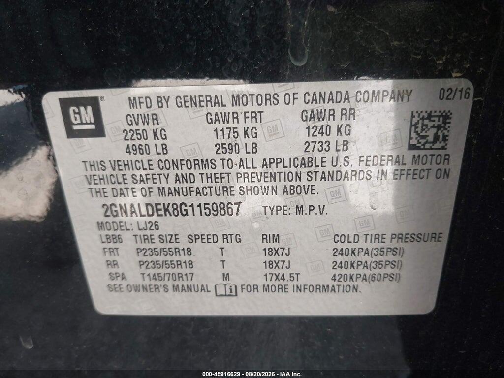 2GNALDEK8G1159867 2016 CHEVROLET EQUINOX photo no. 9