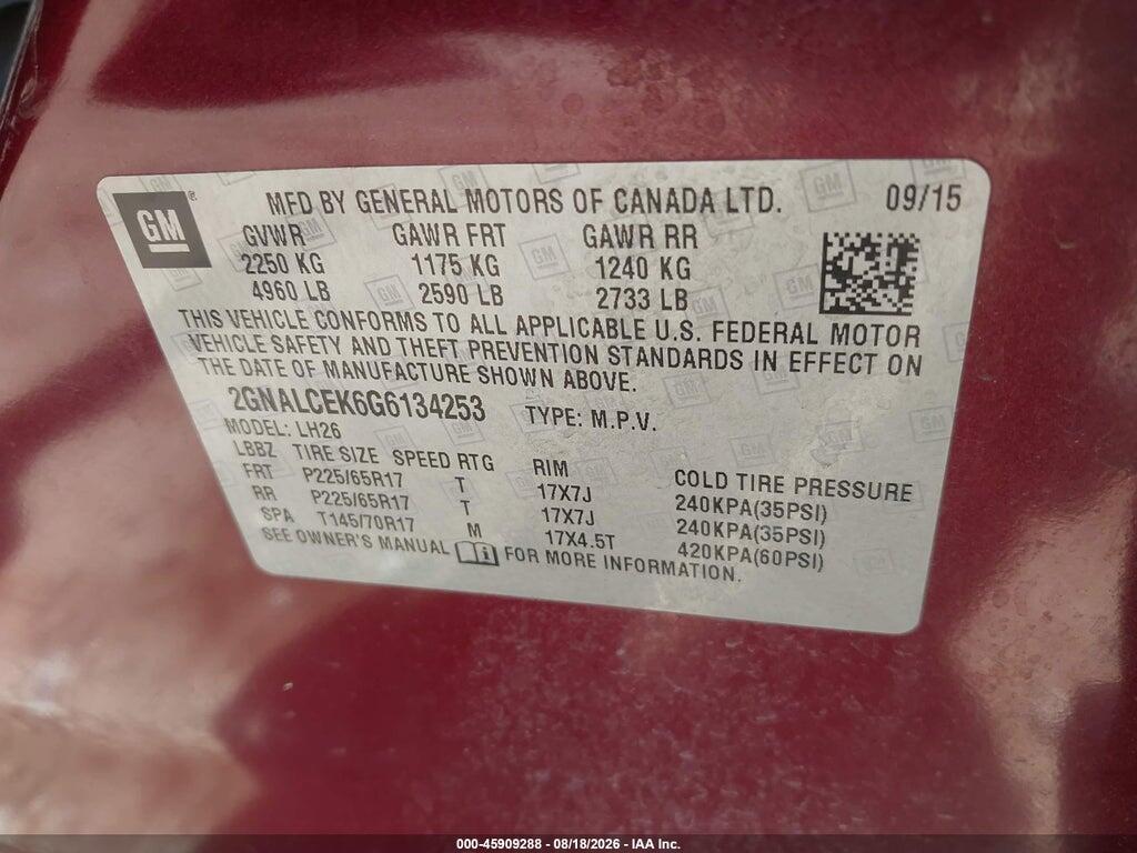 2GNALCEK6G6134253 2016 CHEVROLET EQUINOX photo no. 9