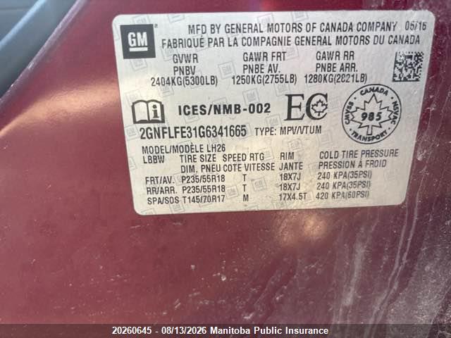 2GNFLFE31G6341665 2016 CHEVROLET EQUINOX LT V6 photo no. 9
