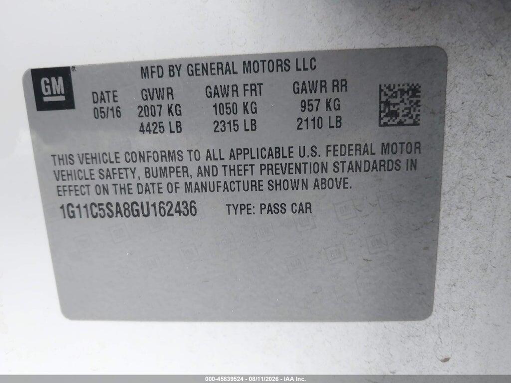 1G11C5SA8GU162436 2016 CHEVROLET MALIBU LIMITED photo no. 9