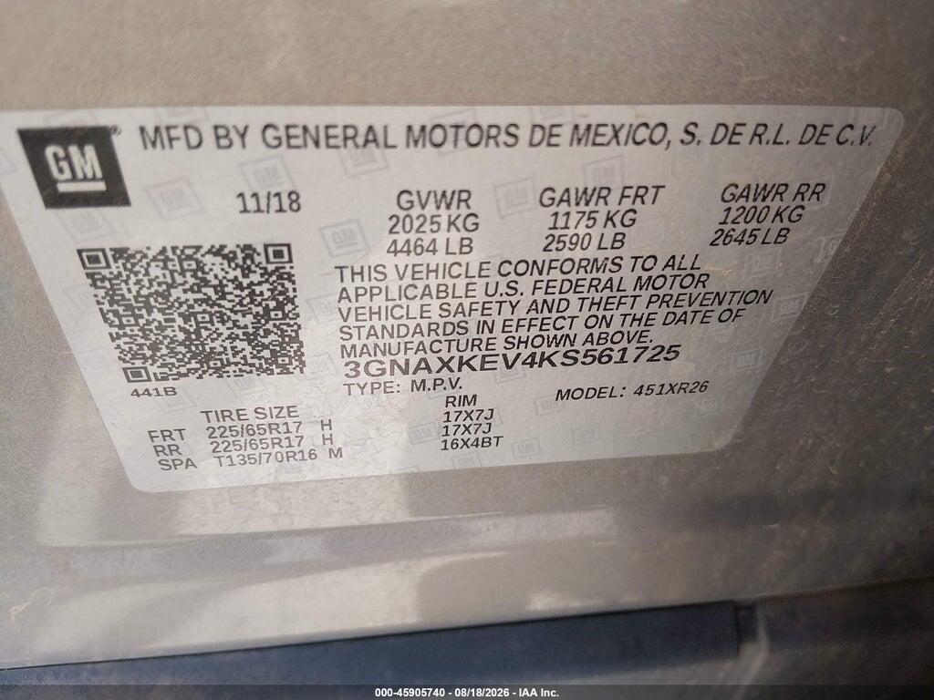 3GNAXKEV4KS561725 2019 CHEVROLET EQUINOX photo no. 9