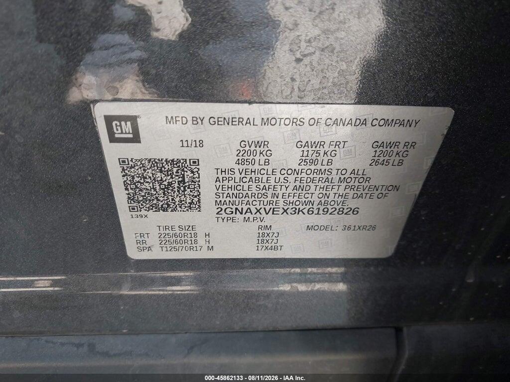 2GNAXVEX3K6192826 2019 CHEVROLET EQUINOX photo no. 9
