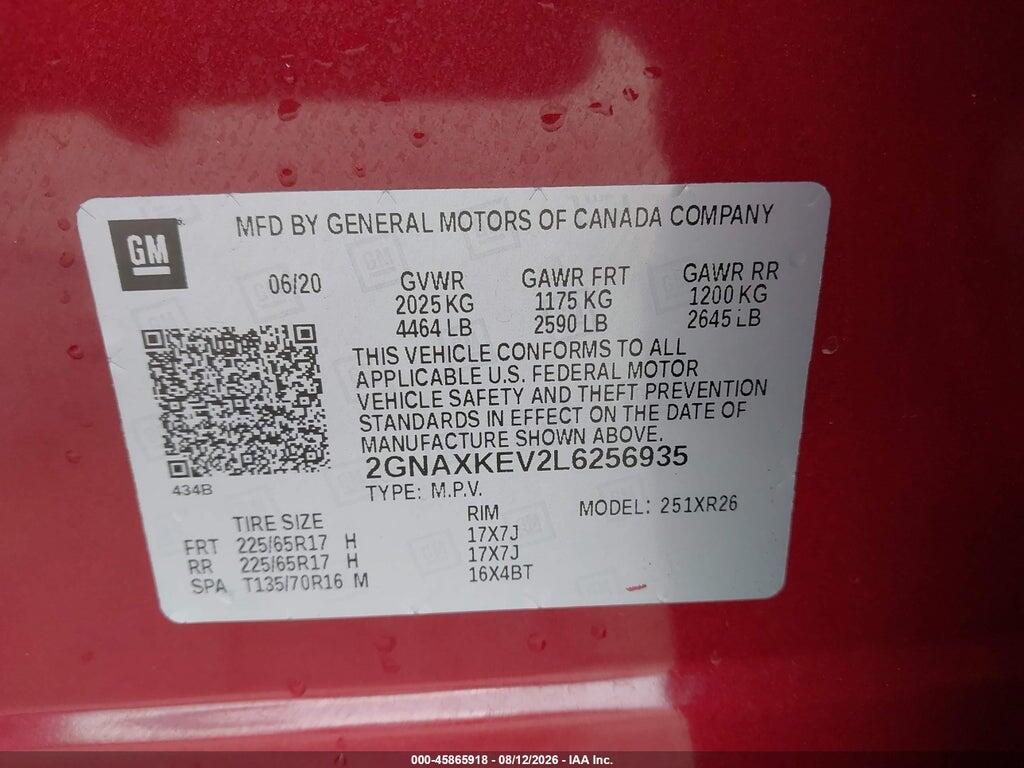 2GNAXKEV2L6256935 2020 CHEVROLET EQUINOX photo no. 9