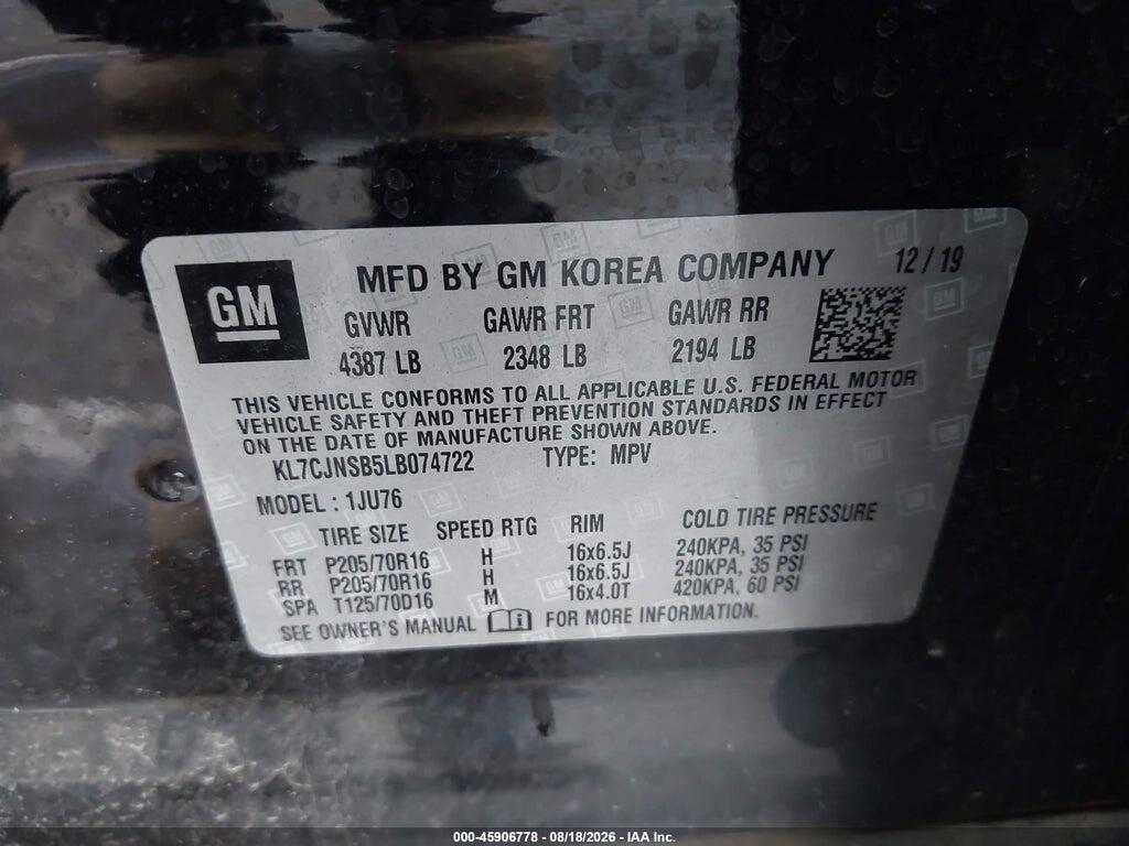 KL7CJNSB5LB074722 2020 CHEVROLET TRAX photo no. 9