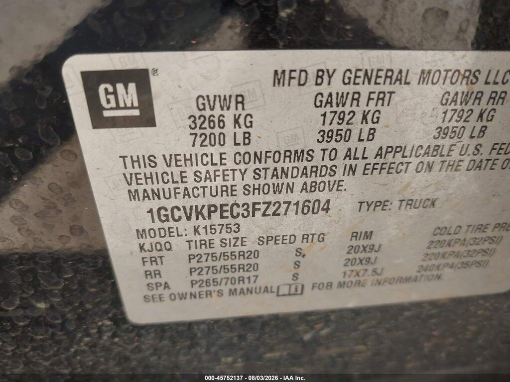 1GCVKPEC3FZ271604 2015 CHEVROLET SILVERADO 1500 photo no. 9