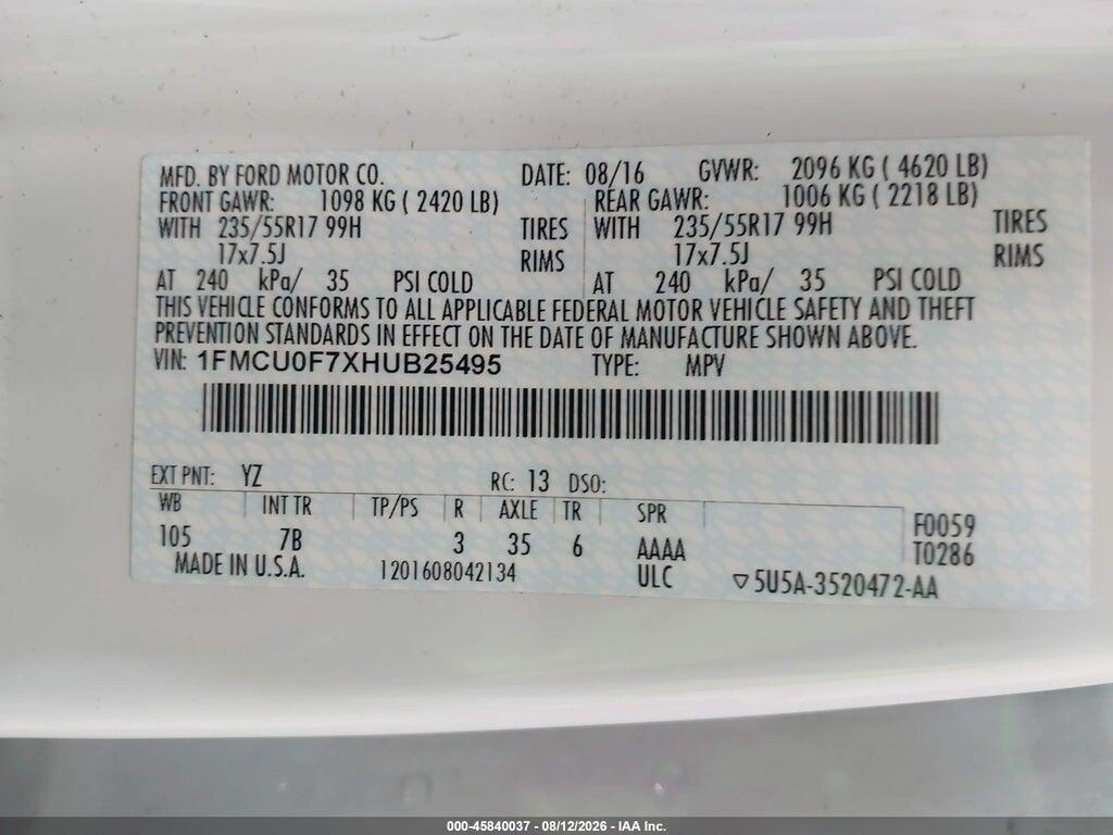 1FMCU0F7XHUB25495 2017 FORD ESCAPE photo no. 9