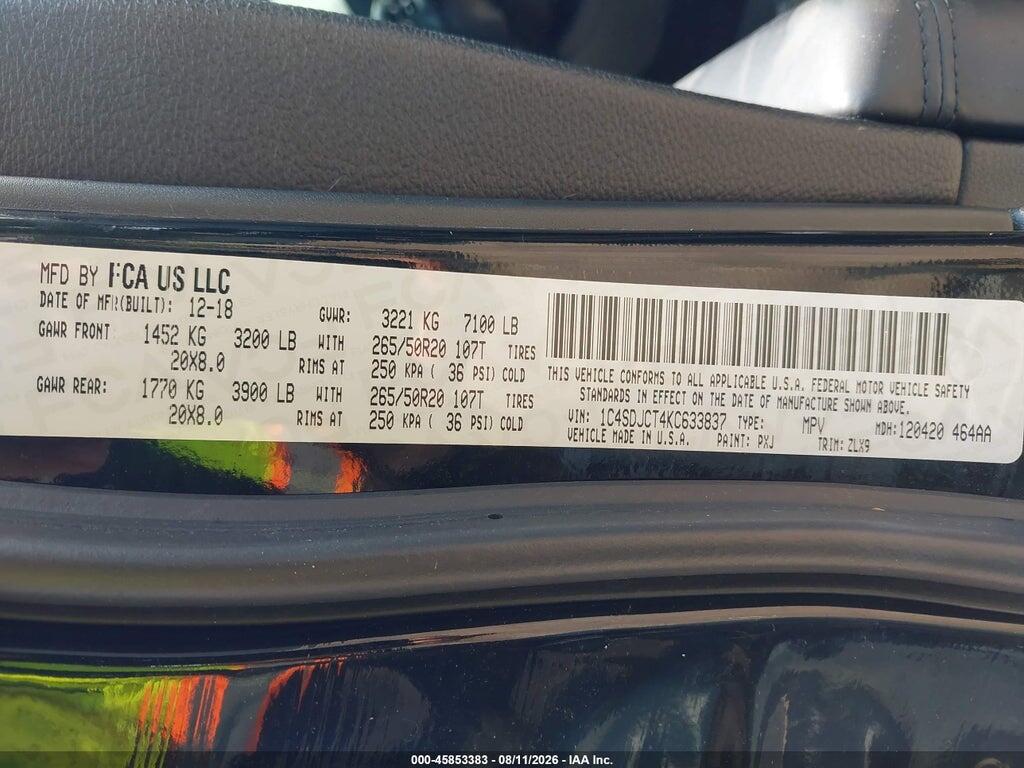 1C4SDJCT4KC633837 2019 DODGE DURANGO photo no. 9