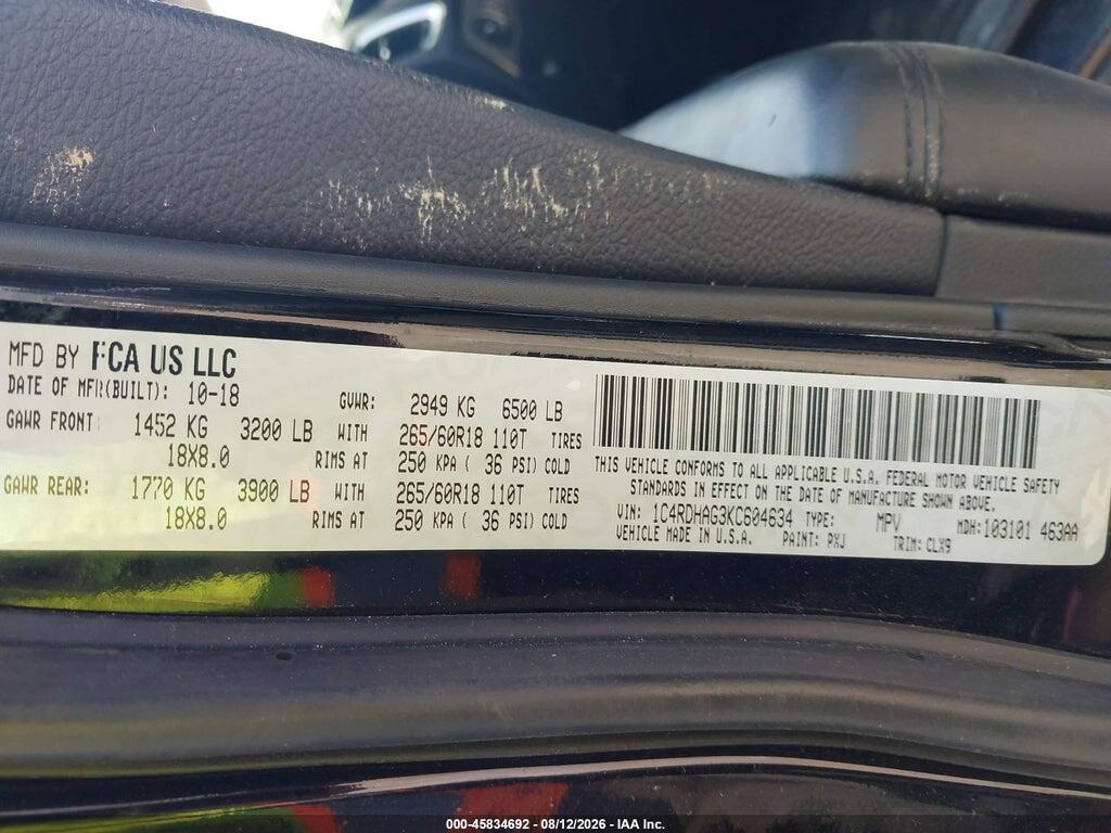1C4RDHAG3KC604634 2019 DODGE DURANGO photo no. 9