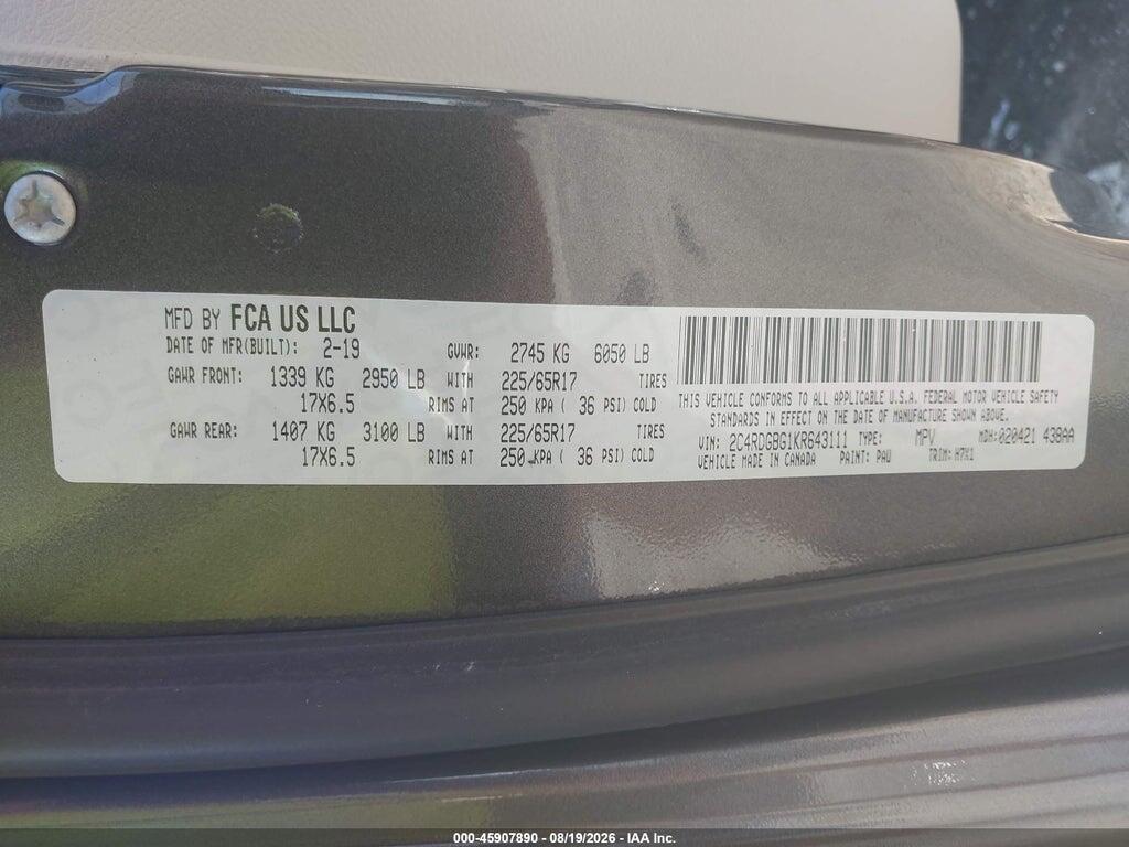 2C4RDGBG1KR643111 2019 DODGE GRAND CARAVAN photo no. 9